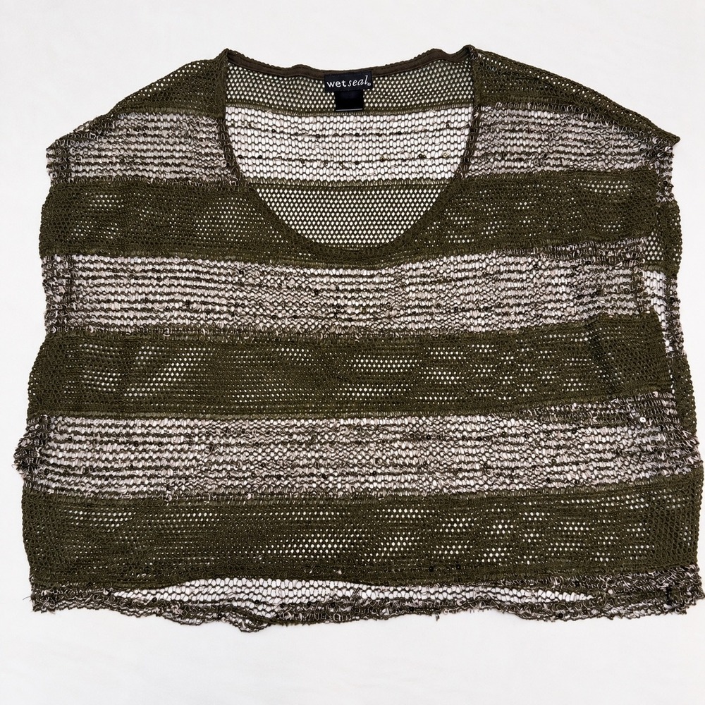 Y2K Wet Seal Mesh Knit Top Striped Olive Gray Sheer Wide Arm Size S